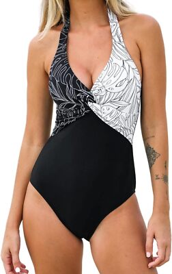 Cupshe Damen Neckholder Twist Front Tropical Print Badeanzug Schwimmkostüm Brandneu mit Etikett