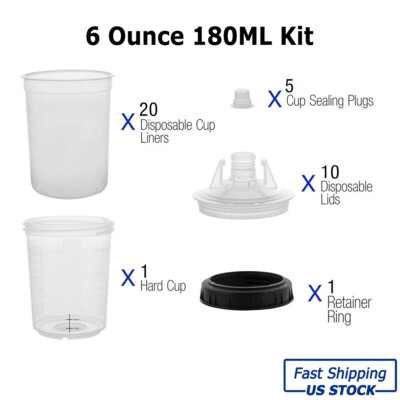 New 180ML 6 Ounce Disposable Paint Spray Gun Plastic Cup Liners & Lid System Kit