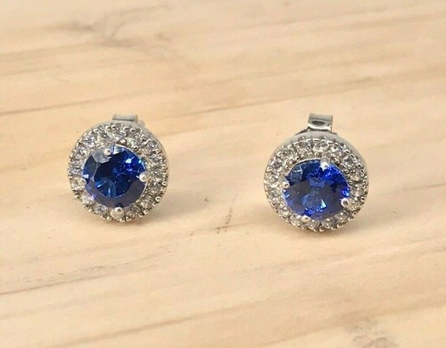 925 Sterling Silver CZ Halo September Blue CZ Birthstone Stud Earrings Gift - Picture 5 of 9