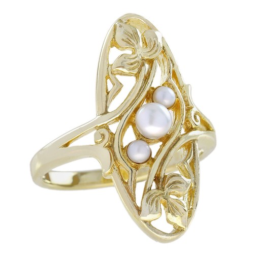 9K Yellow Gold Natural Triple Pearl Vintage Style Cocktail Ring - Picture 2 of 8
