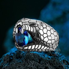 Solid 925 Sterling Silver Blue Cubic Zirconia Stone 3D Snake Design Men's Ring