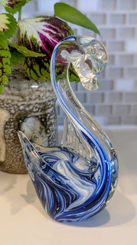 VINTAGE 70's Multi-Blue/White Swirl in Clear Glass Swan - Murano Style