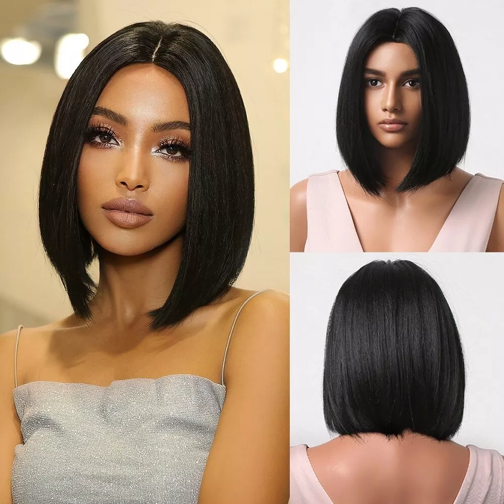 Short Straight Bob Wigs Natural Hair Middle Part Heat Resistant