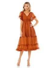 Mac Duggal TEA LENGTH RUFFLED DRESS W/ SHEER FLUTTER SLEEVES Size 16 $498