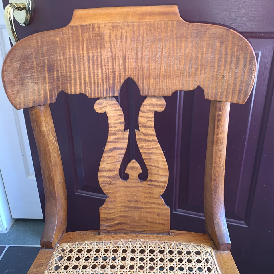 Старинный боковой стул из тигрового клена с тростниковым сиденьем ~ необычная спинка скрипки - Изображение 4 из 4