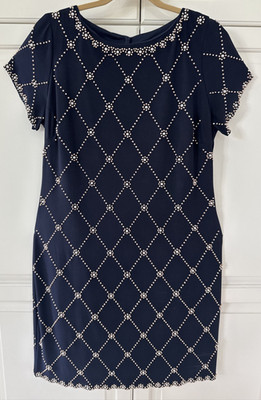 Betsy & Adam Women's Navy Cocktail Dress-Beaded Front/Back-Cap Sleeves-USA -16W