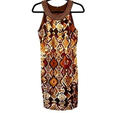 Eliza J Linen Blend Brown Ikat Print Beaded Collar Shift Dress Size 6 Tribal