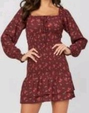 Guess Floral Wine Smocked Drop Waist Corset Mini Dress Long Sleeve Large