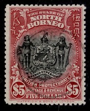 NORTH BORNEO GV SG293, $5 lake, USED.