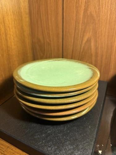 Set of 6 Vintage Western Frankoma Prairie Green Swirl 7” Lunch Plates