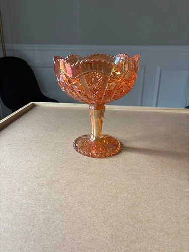 Vintage Imperial Glass Iridescent Marigold Carnival Glass Pedestal Compote