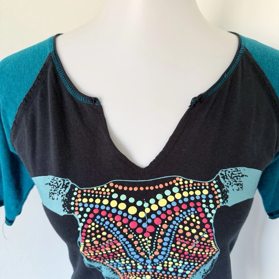 Camiseta Panhandle Mujer S Pequeña Vaquera Occidental Cabeza de Novilón Calavera Negra Azteca Foto 2 de 4