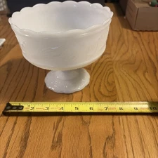 Vintage White Milk Glass Pedestal Compote Bowl Dish With Scalloped Edges