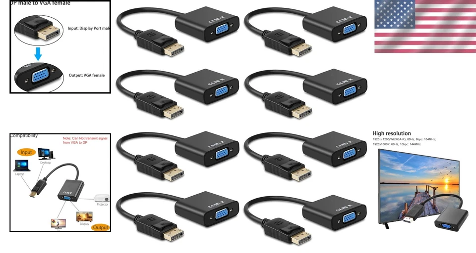 8-Pack Gold-Plated DisplayPort to VGA Adapters for 1080p Clarity and Durability - Image 2 of 4