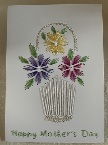 Card Basket Mothers Day Flowers Leaves Detailed Handmade Stitched Blank - Picture 1 of 4