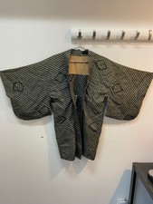 Vintage Japenese Haori silk geometric pattern dk green/beige jacket small/medium
