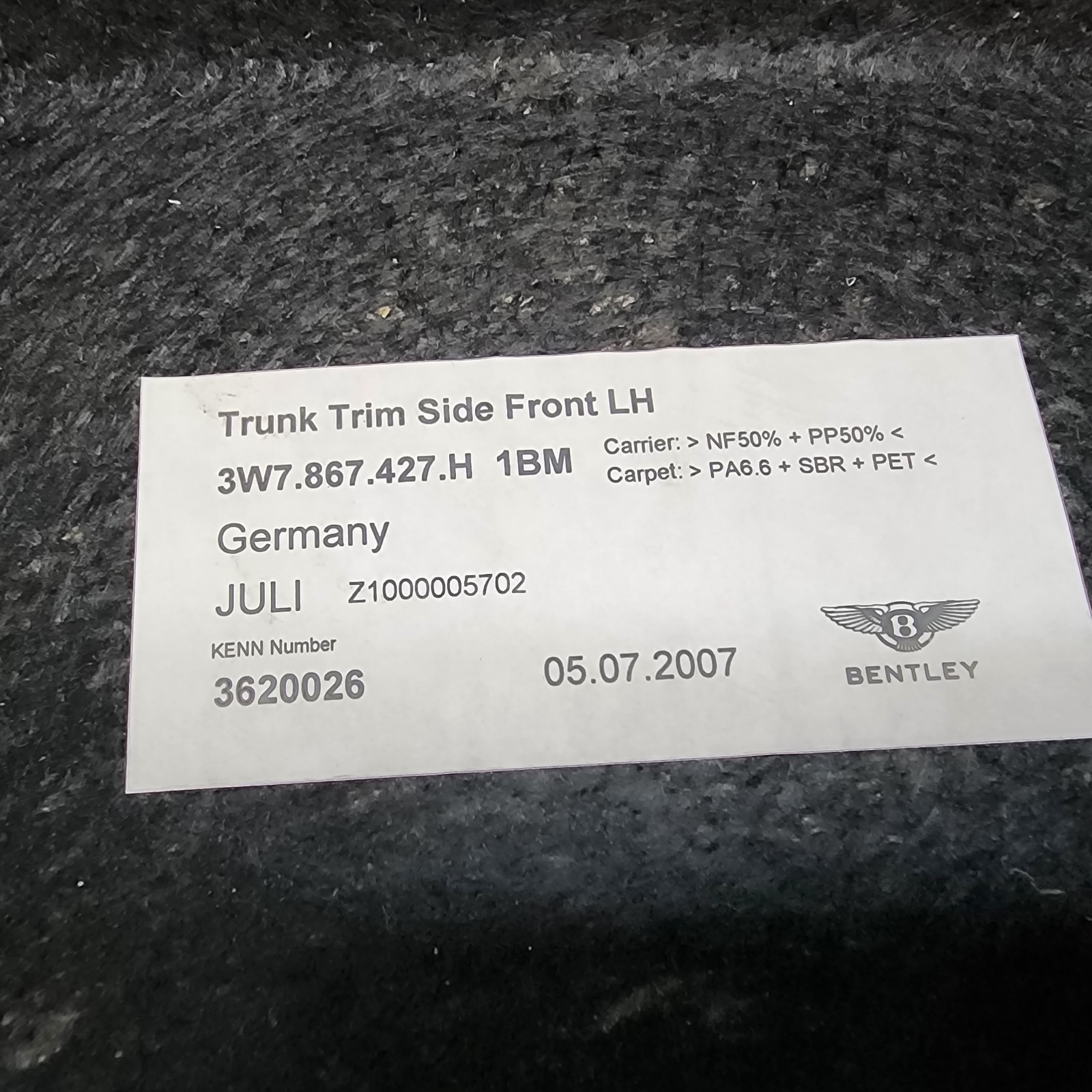 2007-2011 Bentley Continental GTC Left Side Inside Trunk Panel Carpet Cover OEM
