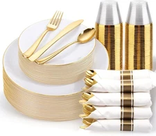 175PCS Gold Plates Disposable - Heavy Duty White and Gold Plastic Plates