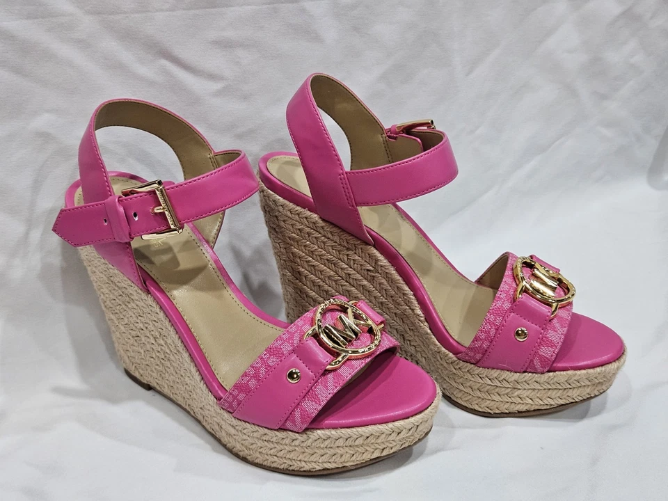 Michael Kors Rory Logo Trim Wedge Sandals – Pink Espadrille Platform – Size 6.5 - Image 2 of 4