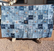 Large Terrier Puppy Dog Denim Jean Quilt Patchwork 60" x 90" Sofa, Bed, Cabin