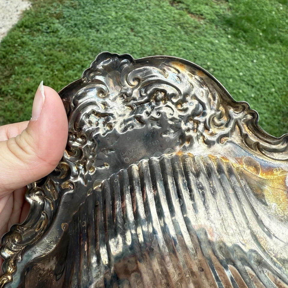 Bandeja de captación de baratija náutica grande chapada en plata concha marina vintage Foto 3 de 3