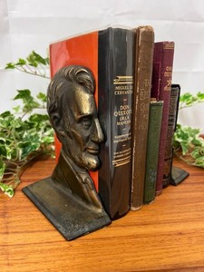 Vintage Abraham Lincoln Cast Iron Bookends S221 Brass Finish Penny Profile 6"