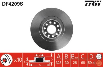 2x Bremsscheibe TRW SINGLE DF4209S für 4D8 C4 VW 3D1 3D2 3D9 A6 AUDI PHAETON 3D4