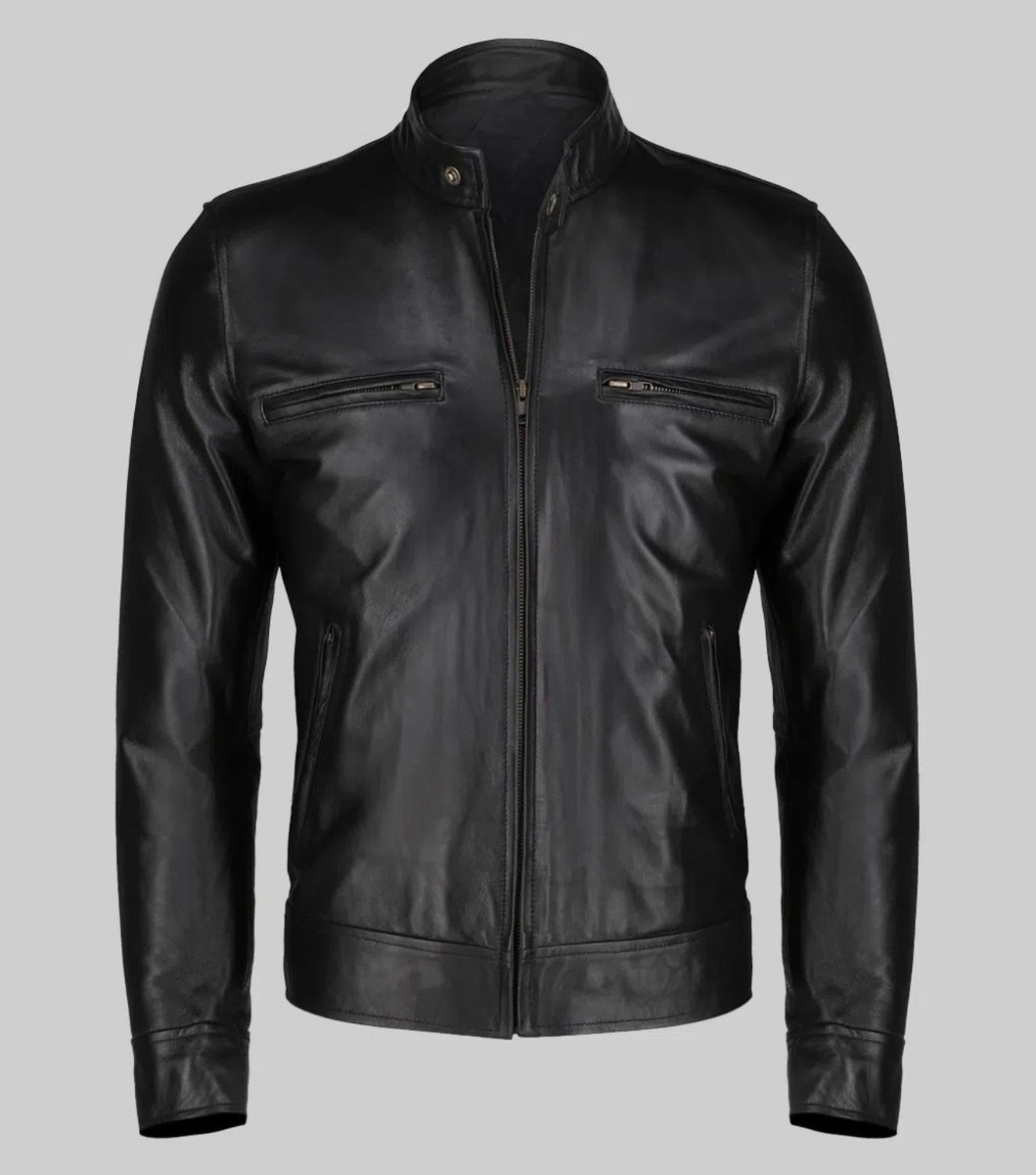 genuine leather black moto jacket Men's slim fit cafe racerstyle