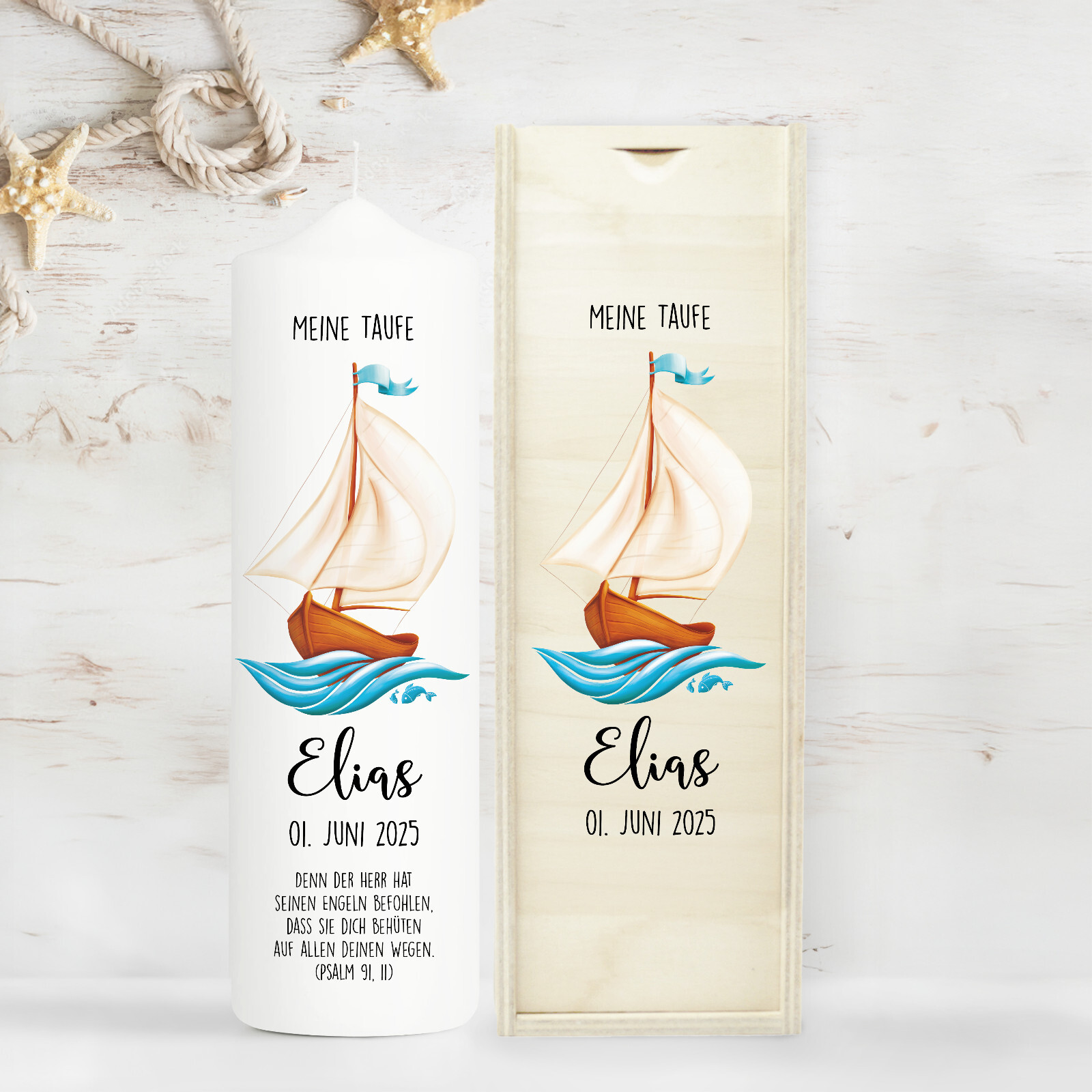 Taufkerze Junge Mädchen Segelboot Boot Schiff Name Datum Taufspruch Kerze Taufe