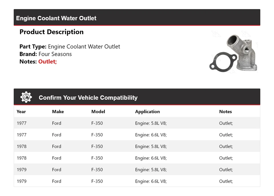 Salida de agua refrigerante motor Ford F-350 1977-1979 4 estaciones 1978 Foto 2 de 4