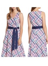 NWT Eliza J Stretch Poplin Sash Waist Fit & Flare MIDI Dress in Plaid Size 6