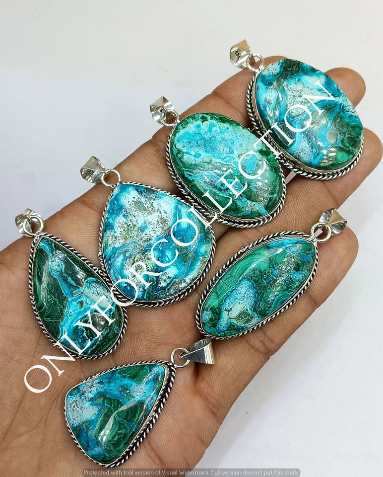 Azurita - Colgante de diseño de 25 piezas de piedras preciosas de malaquita enchapado en plata 925 hecho a mano Foto 3 de 3