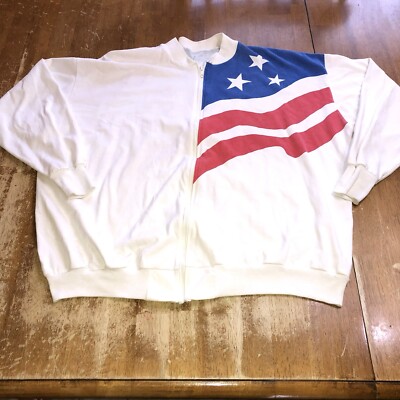 Vintage USA Flag Sleeve Zip Up Bomber Jacket America White Size Large Patriotic