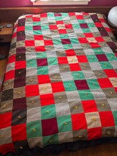 Vintage Homemade Patchwork Quilt 83"x72"  grey red green