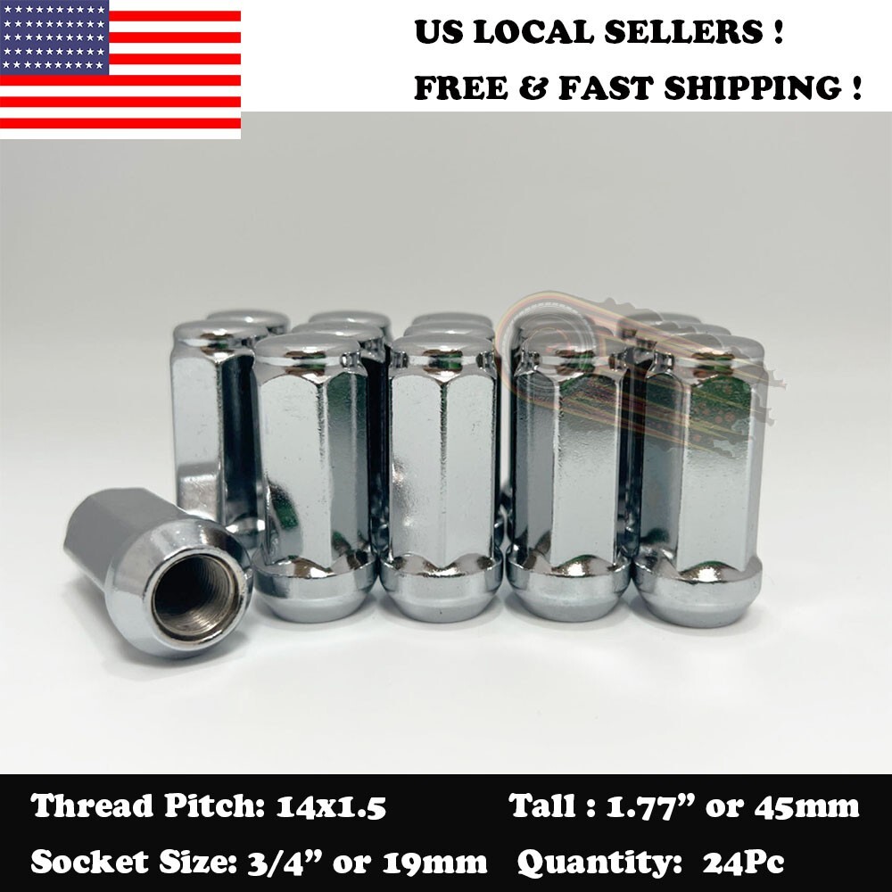 24-Pack 14x1.5 Chrome Bulge Acorn Lug Nuts – 1.77 Inch Tall, 60° Conical Seat, Forged Steel