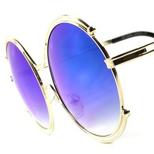 Upscale Gold Frame Blue Mirror Lens Womens Designer Oversized Round Sunglasses