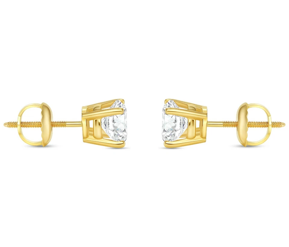 1 Ct Round Cut Created Diamond Real 14K Yellow Gold Stud Earrings Screw Back TCW - Image 3 of 3