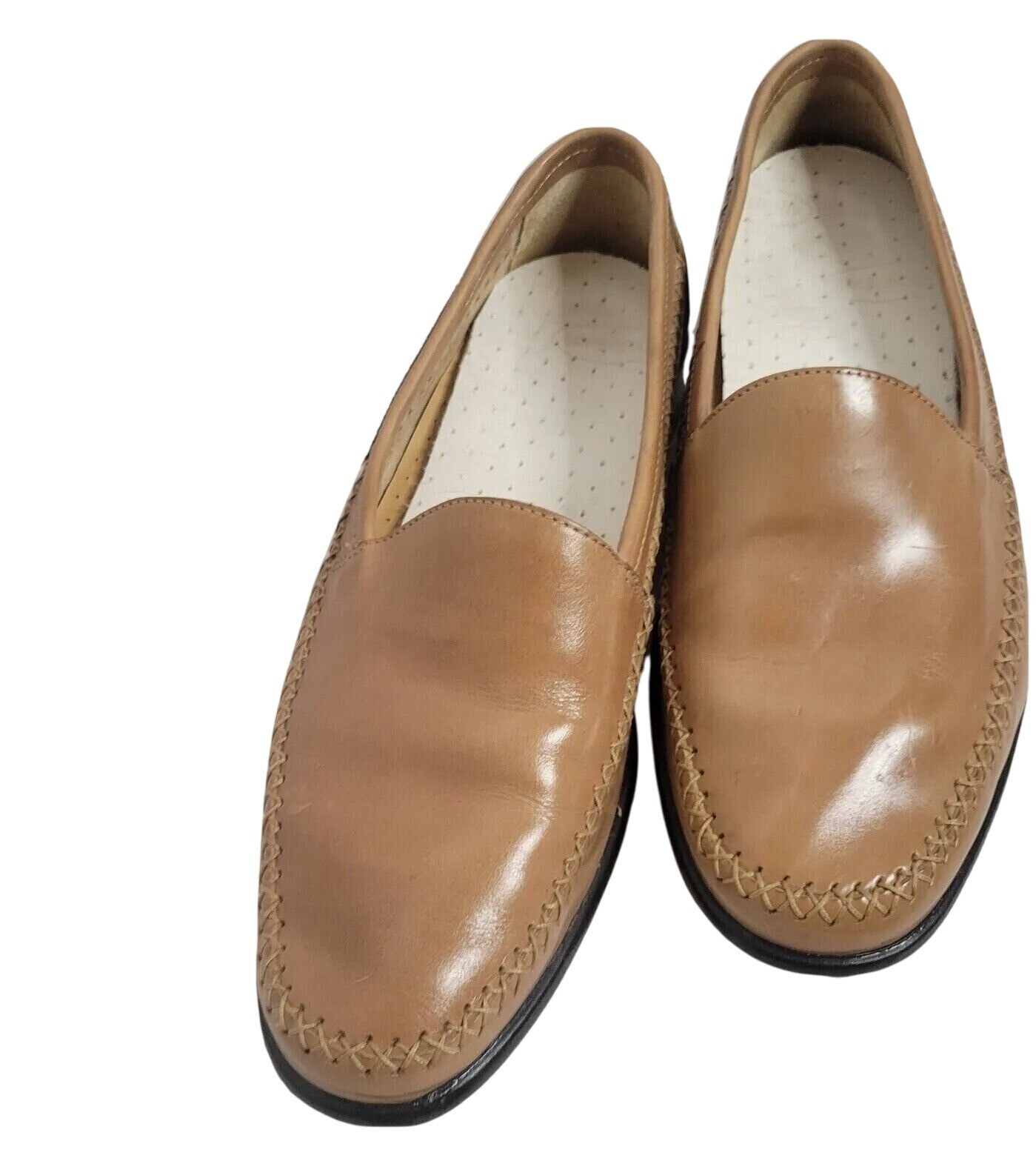 SAOLA Mocassini slip on vintage in pelle marrone da donna con dettagli cuciti e suola in gomma