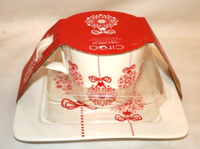 Ciroa Christmas Ornament Porcelain Mug and Plate Set Red & White New