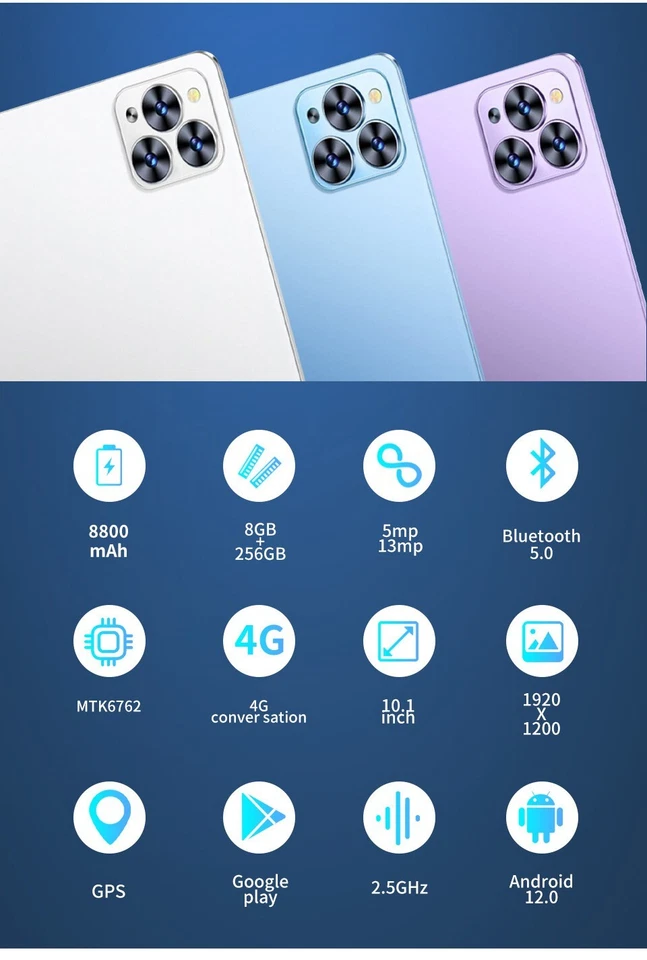 2025 10.1 Inch Tablet 8G RAM 256G ROM 1920x1200 MTK6762 Deca Core 5G WiFi Tablet - Image 2 of 4