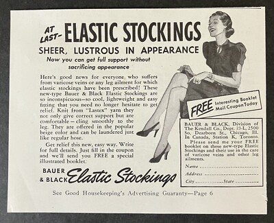 1940 Bauer & Black Elastic Stockings Lustrous in Appearance B&W Vintage Print Ad