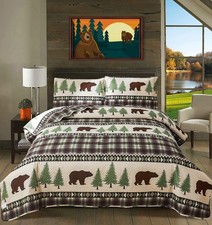 Lodge Quilts Set King Size, 3Pcs Rustic Cabin Brown Bear Bedding Green Pine Tree