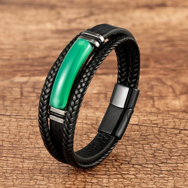 Green Aventurine Stainless Steel Men Bracelet Braided Leather Magnetic Bangle - Image 4 of 4