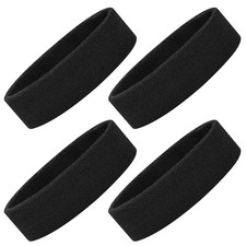 Sports Headband Sweatband 4 Pack Black Terry Cloth Cotton Blend Moisture Wicking