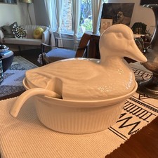 White Ceramic Duck Shaped Soup Tureen with Lid and Spoon, Glazed Novelty