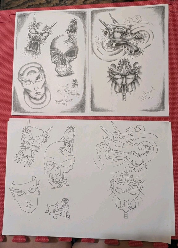 1998 Tattoo Flash W/ Line Drawing By Nigel Kurt 17"×12"