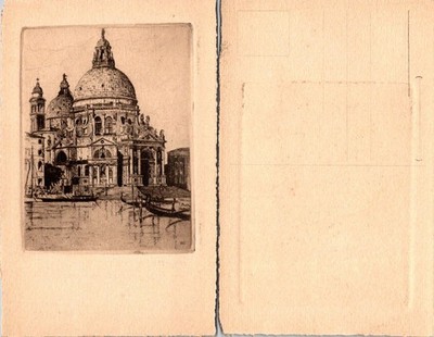 Vintage Etching Venice Santa Maria Della Salute Postcard Unposted Deckled Edge