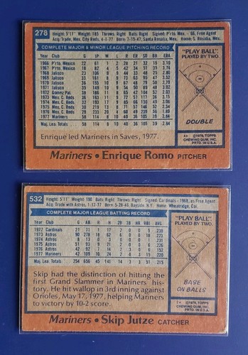 Mariners Skip Jutze/enrique Romo Topps 1978(2) Lot - Picture 2 of 2