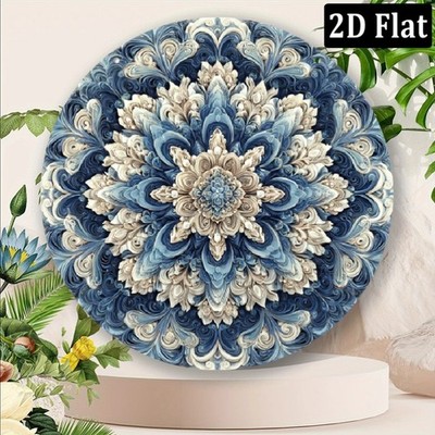 2D Flat, 1pc Bohemian Blue Mandala Wreath Tin Metal Signs Home Décor Wall Round 