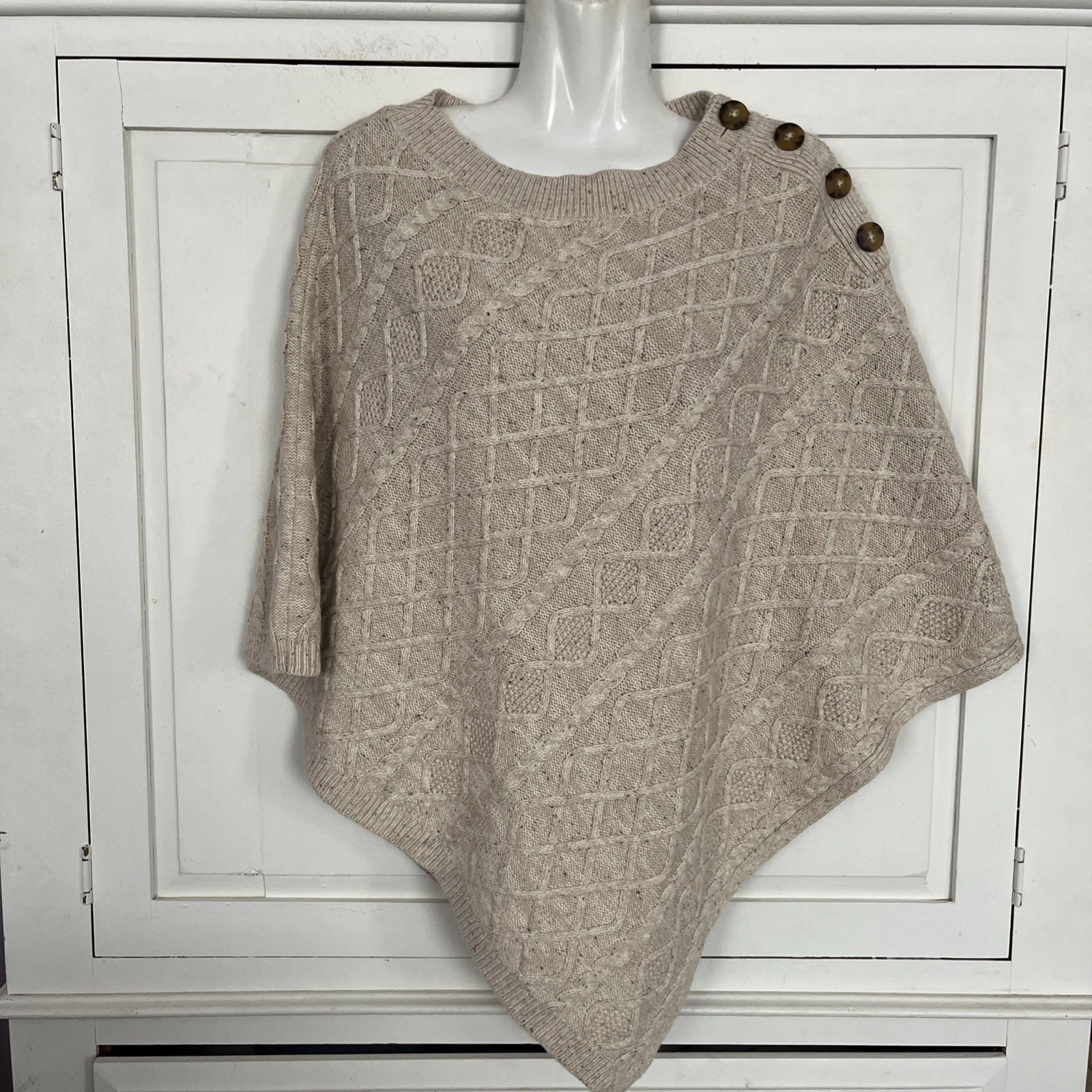 J Jill Cable Knit Sweater Poncho One Size Juniper Beige Womens